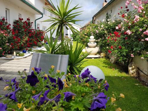 a garden with flowers and plants in a yard at Gästezimmer Resi in Illmitz