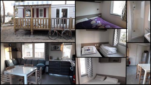 un collage de photos d'une petite maison dans l'établissement Mobilhome 756 CLIMATISE le Bois Dormant 4 etoiles, à Saint-Jean-de-Monts