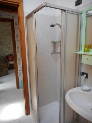 a shower with a glass door next to a sink at Agriturismo Cascina Serra in Cossano Belbo
