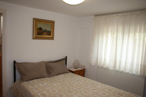 1 dormitorio con cama y ventana en Studio, en Selínia