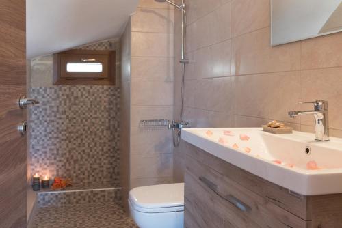 a bathroom with a sink and a toilet and a shower at Villa Katerina in Agia Marina Nea Kydonias