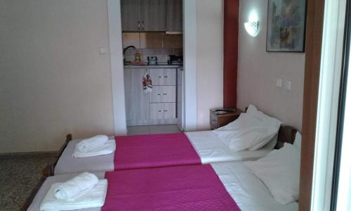 een slaapkamer met 2 bedden en een roze deken bij Retro Rooms in Loutra Edipsou