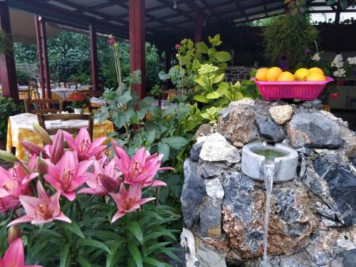 a garden with pink flowers and a bowl of fruit on a rock at Dionysus House Lasithi Plateau in Magoulás