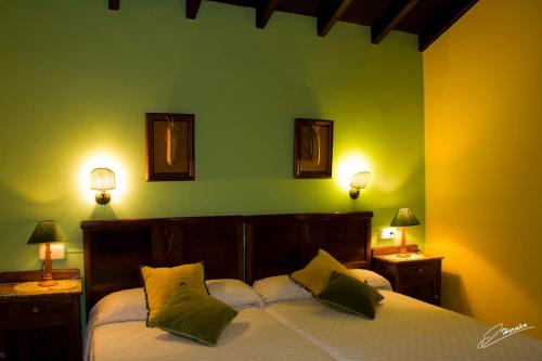 1 dormitorio con 1 cama grande y paredes verdes en Casa Rural Peña Careses, en Careses