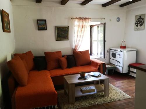 ein Wohnzimmer mit einem orangenen Sofa und einem Tisch in der Unterkunft centuries old Ethno House Đurović in Virpazar