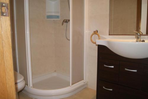 a bathroom with a shower and a sink at Apartamentos San Miguel in Alcossebre