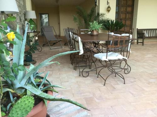 a dining room with a table and chairs and plants at Domus Rosarum in Arquà Petrarca