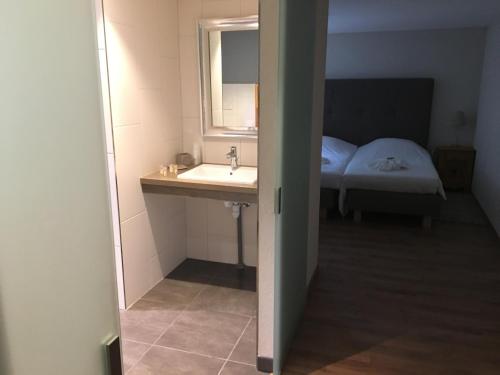 a bathroom with a sink and a mirror and a bed at Hotel Elisabeth in La Vancelle