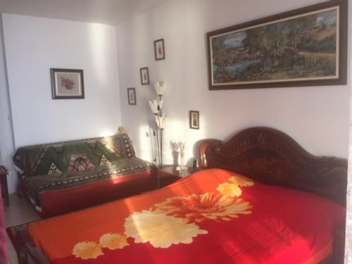 een slaapkamer met een bed met een rode deken met bloemen bij Olga Bashinskaya in Sutomore