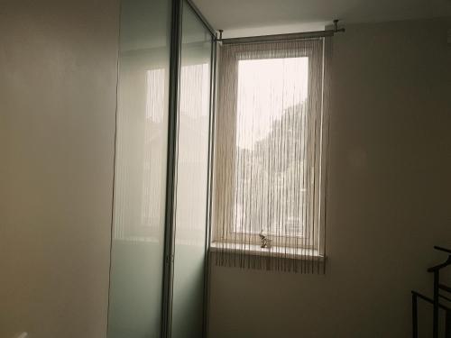 baño con ducha y ventana en Miško apartamentai 50m2, en Juodkrantė