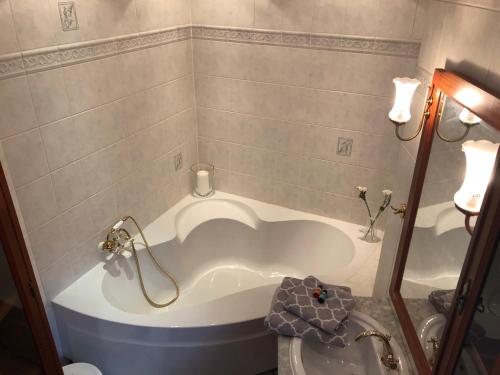 a bath tub in a bathroom with a shower at Ferienwohnung Nägler in Erbach