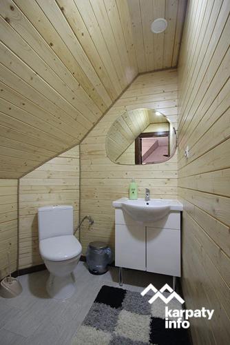 a bathroom with a toilet and a sink and a mirror at Садиба Райшток in Staryy Mizunʼ