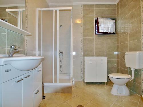 a bathroom with a shower and a toilet and a sink at Apartmani Danijela Lopar in Lopar