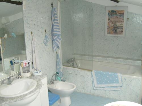 ユゼスにあるMoulin du Pont d'Alzonのバスルーム(洗面台、トイレ、バスタブ付)