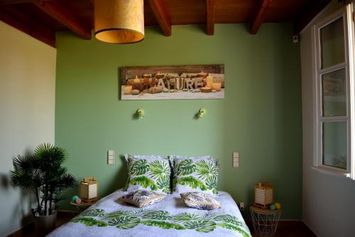 a bedroom with green walls and a bed with pillows at La Cascadeta in Marignac-Lasclares