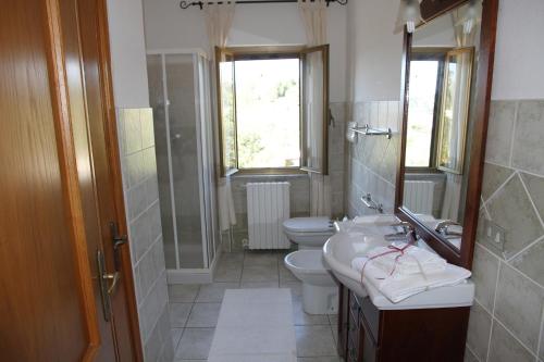 bagno con servizi igienici, lavandino e specchio di Addisora Appartamenti a Cala Liberotto