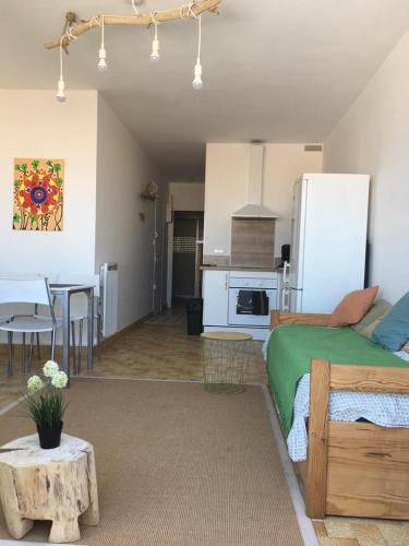 Cet appartement comprend une chambre avec un lit vert et une cuisine. dans l'établissement Le Yogi, à Port-la-Nouvelle