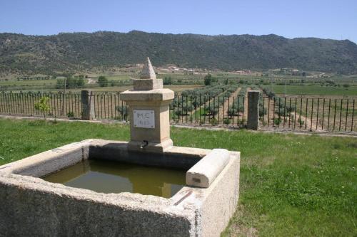 a stone fountain with a clock in a field at Quinta Sta Luzia Carrascal in Vila Flor