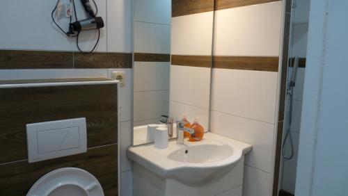 a bathroom with a sink and a toilet at Hotel Rodizio UG in Wolfsburg