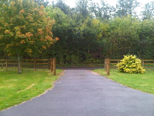 a driveway with a wooden fence and grass at Plumpton House in Ashford