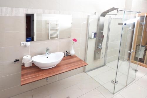 a bathroom with a sink and a shower at Apartments-Leipzig in Leipzig