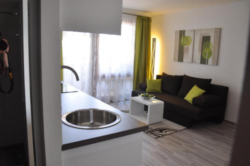 ein Wohnzimmer mit einem Waschbecken und einem Sofa in der Unterkunft Traditional Apartments Vienna TAV in Wien