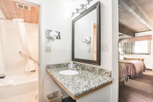 een badkamer met een wastafel, een spiegel en een bed bij Teton West Motel in Driggs