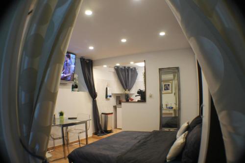 a bedroom with a bed and a table and a television at Amorino Apartman Studio in Opatija