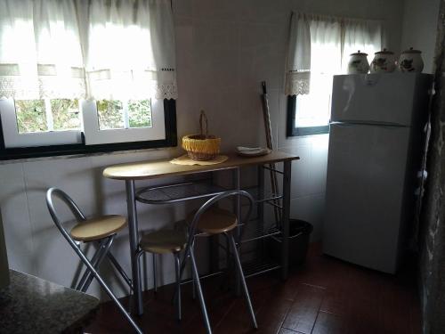 a kitchen with a table and chairs and a refrigerator at Residencial Retiro Sra. da Luz in Ponte de Lima