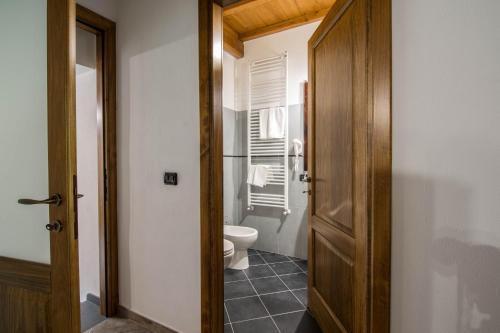 a bathroom with a toilet and a wooden door at Le Casine del Borgo in Borgo a Mozzano