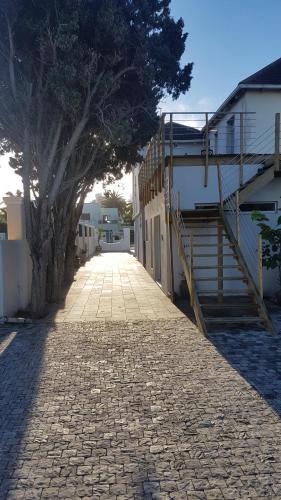 a cobblestone street with a tree and a staircase at Beachway Guesthouse in Port Elizabeth