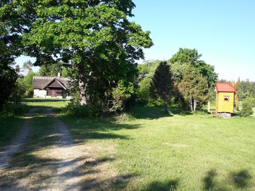 a field with a tree and a yellow house at Sihi Country House in Hiievälja