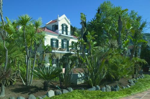una casa blanca con palmeras delante en Quinta do Estreito, en Estreito de Câmara de Lobos