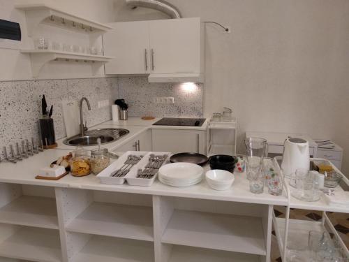 Kuchyň nebo kuchyňský kout v ubytování Apartments na Beregu