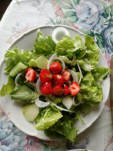 Salat mit Erdbeeren auf einem Teller auf dem Tisch in der Unterkunft Zakątek Szczęścia Eko Agroturystyka in Kiwity