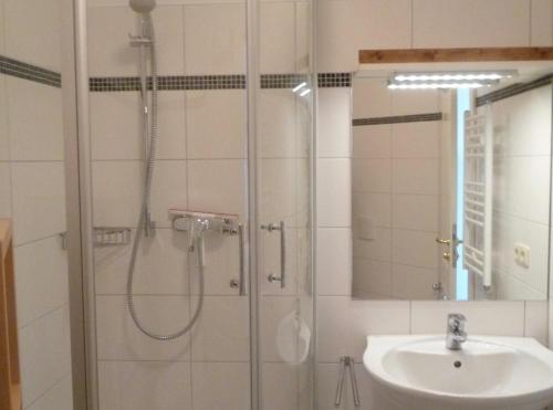 a bathroom with a shower and a sink at Wohnen am Yachthafen in Ostseebad Karlshagen