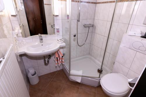 La salle de bains est pourvue d'une douche, d'un lavabo et de toilettes. dans l'établissement Hotel Cortina, à Höchenschwand