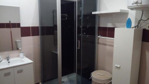 ペーゾ・ダ・レーグアにあるApartamento da Ferreirinhaのバスルーム(ガラスドア付きのシャワー付)