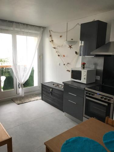 une cuisine avec une cuisinière et un micro-ondes dans l'établissement Les cigales de la mer Place de la libération, au Grau-du-Roi