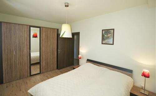 Un dormitorio con una gran cama blanca y una lámpara en Vila Rila Samokov, en Samokov