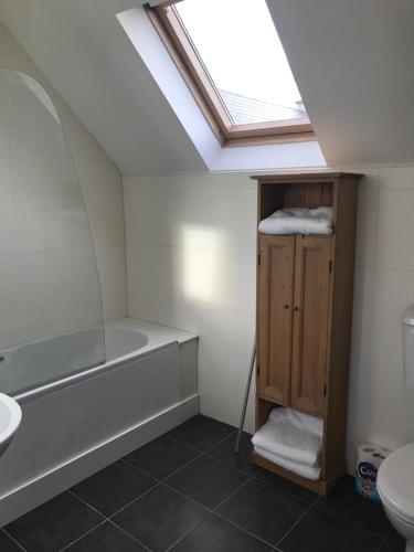 a bathroom with a bath tub and a toilet and a skylight at Ahakista Lodge in Ahakista