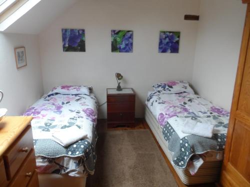 a bedroom with two twin beds and a dresser at Rose in Chigné