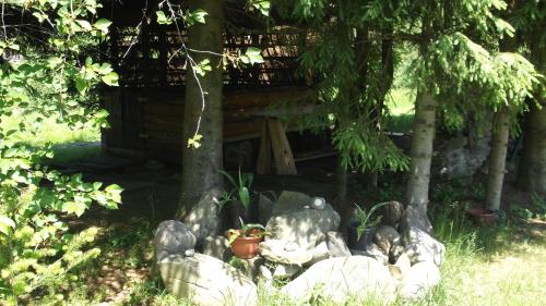 a log cabin with a bunch of rocks in the yard at Apartamenty Lejówka in Chochołów