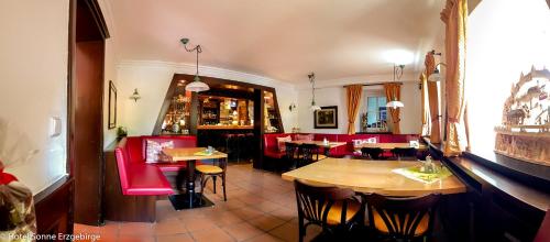 a restaurant with wooden tables and red chairs at Hotel Sonne in Seiffen