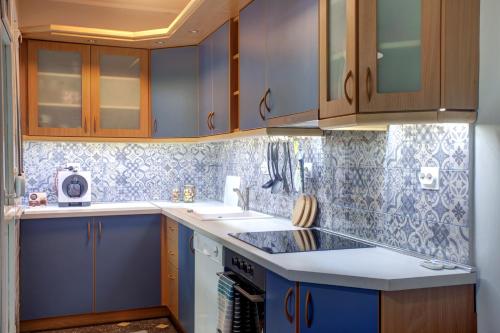 索非亞的住宿－Spacious flat close to the American Embassy，厨房配有蓝色橱柜和蓝色瓷砖