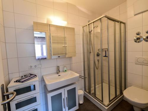 a bathroom with a sink and a shower at Ferienwohnung Schliestädt-Görge in Lindau