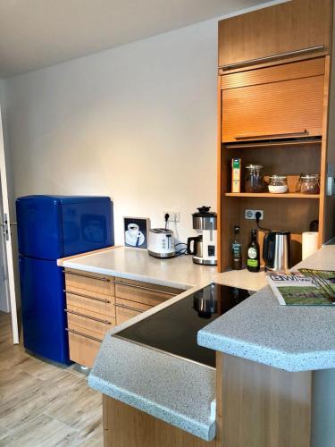 a kitchen with a blue refrigerator and wooden cabinets at FeWo Brückweg in Bensheim
