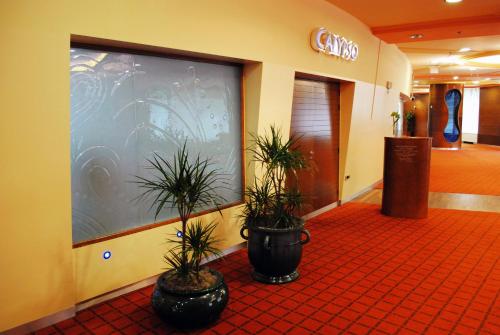 a lobby with two potted plants on a red carpet at Perla, Resort & Entertainment in Nova Gorica