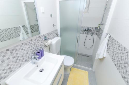 a bathroom with a sink and a toilet and a shower at Apartments Danica in Primošten