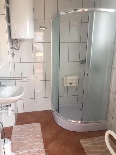 una doccia con porta in vetro in bagno di Apartmani Villa Christina a Ičići